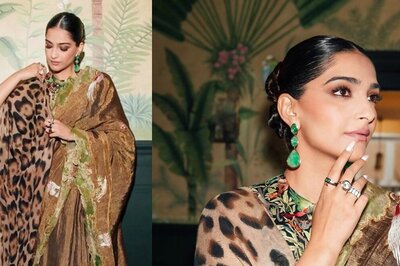 Sonam Kapoor Oozes Grace in a Bronze Saree and Leopard Stole for UK-India Week Event